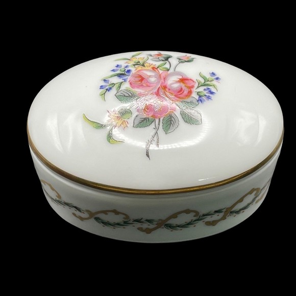 Haviland Limoges Oval Trinket Box Hand Painted Pink Yellow Flowers Gold Trim - Picture 1 of 10